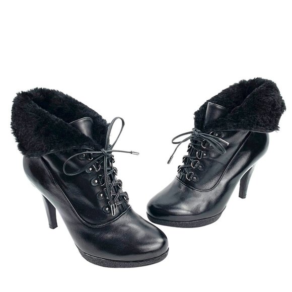 KENNETH COLE NY Mason Black Leather Fold Over Faux Fur Booties - Picture 9 of 11